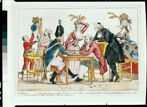 Caricature de Louis XVI (1754-93) jouant aux échecs avec un soldat de la Garde nationale